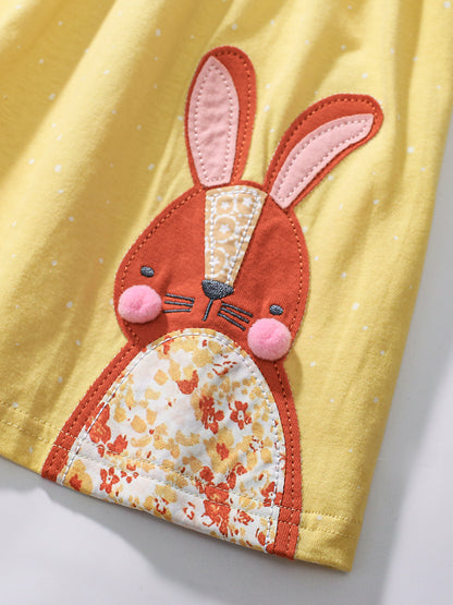 Summer New Arrival Girls’ Rabbits Pattern Crew Neck Short Sleeves Yellow Dress