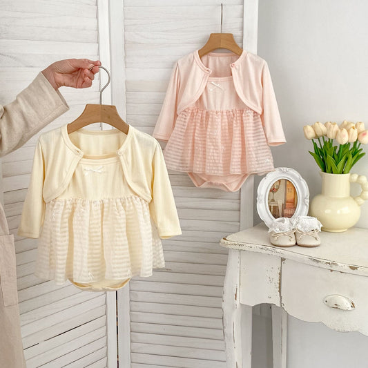 Arrival Summer Girls Short Sleeves Solid Color Top Little Coat and Embroidered Tulle Sleeveless Onesies Dress Set Clothing Set