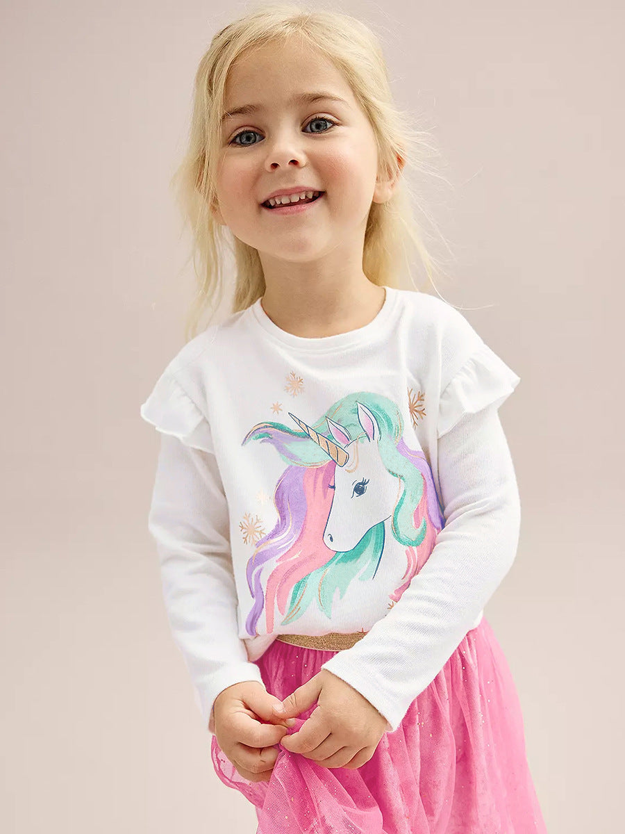 Spring And Autumn Girls Fashion Unicorn Pattern Long Sleeves Crew Neck Top Shirt And Tulle Skirt Clothing Set