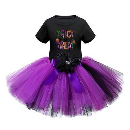 Arrival Girls’ Halloween Costume: Short Sleeves Cartoon Print Witches Cosplay Party Tulle Patchwork Dress