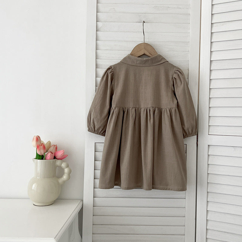 Arrival Autumn Baby Kids Girls Long Sleeves Solid Color Single Breasted Turn-down Collar Dress