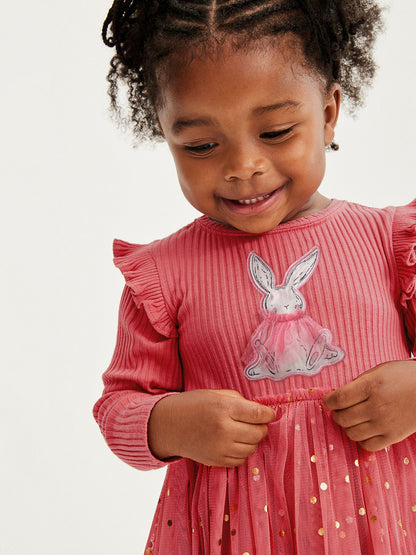 Vestido de tul con cuello redondo y mangas largas con diseño de ciervos de dibujos animados para niñas de otoño 