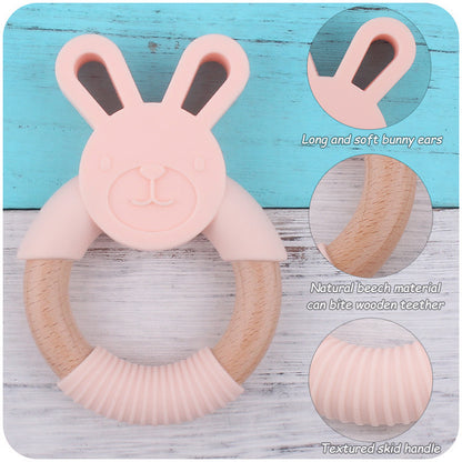 Baby Food-Grade Teething Rattle, Teething Aid for Babies, Wooden and Silicone Rabbit Teething Bracelet