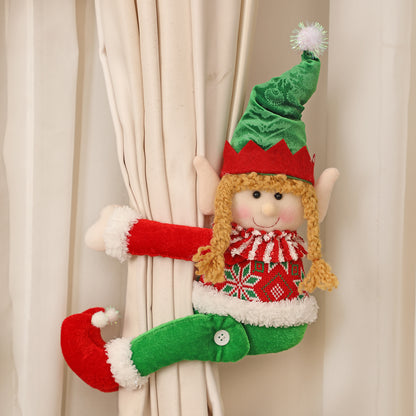 Red and Green Elf Doll Window Curtain Decoration for Christmas Party Play