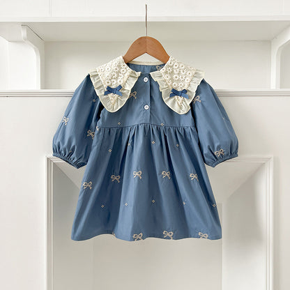 Arrival Autumn Baby Kids Girls Long Sleeves Bows Embroidery Pattern Floral Collar Onesies and Dress – Princess Sister Matching Set