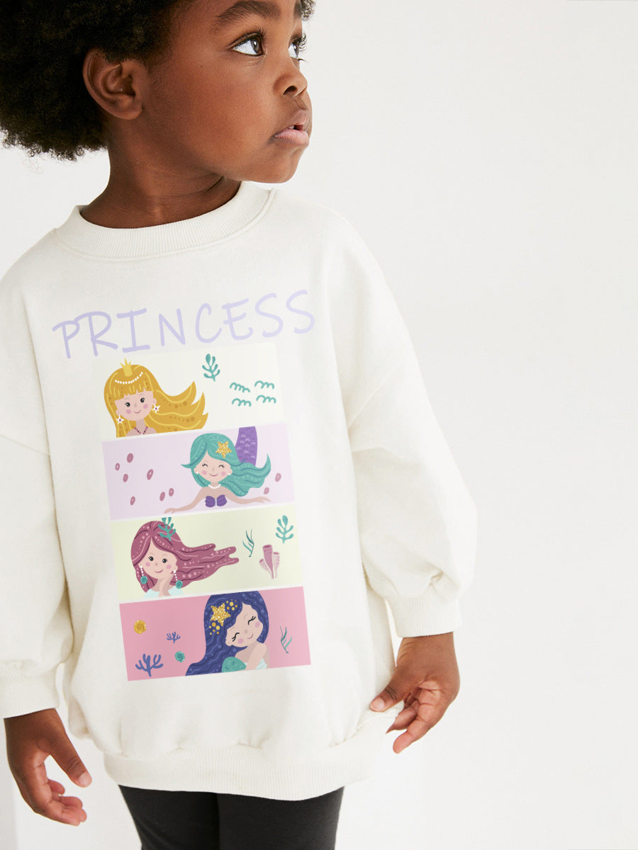 Spring And Autumn Girls Cute Cartoon Princess Print Long Sleeves Top Sweatshirt And Pants Clothing Set