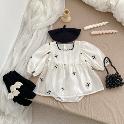 Autumn Bows Pattern Embroidery Design Long Sleeve Square Neck Onesies Dress for Girls