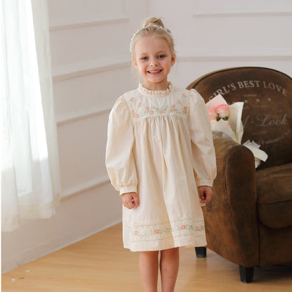 Arrival Autumn Girls Ruffle Neck Long Sleeves Flowers Embroidery Dress