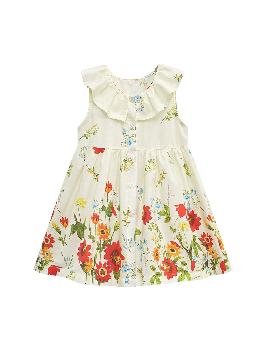 Summer Girls Sleeveless Floral Pattern Single Breasted Dress