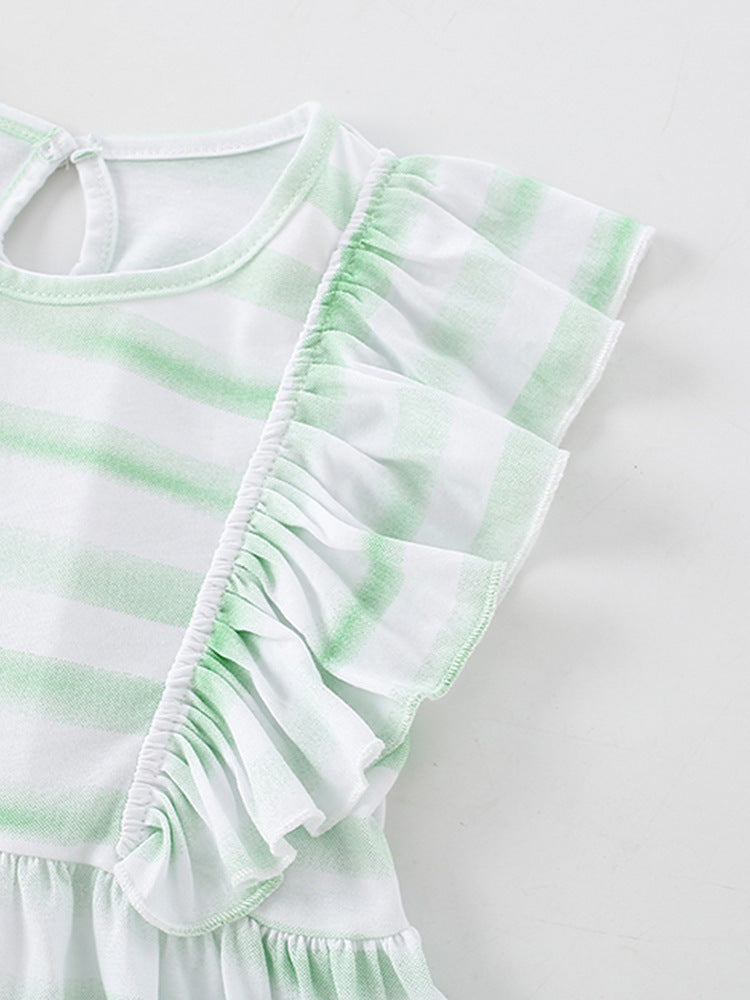 Summer New Arrival Baby Kids Girls Sleeveless Light Green Striped Crew Neck Dress