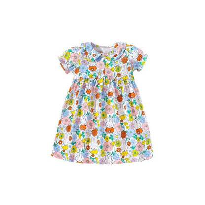 Summer Girls Short Sleeves Flowers Print Peter Pan Collar Dress