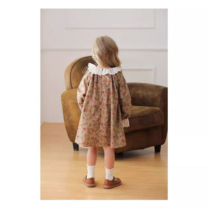 Design Autumn Girls Vintage Floral Ruffle Collar Long Sleeves Dress