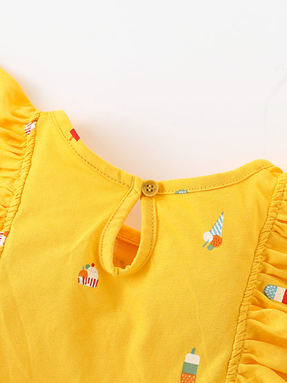 Summer New Arrival Baby Kids Girls Sleeveless Ice-Cream Pattern Crew Neck Yellow Dress