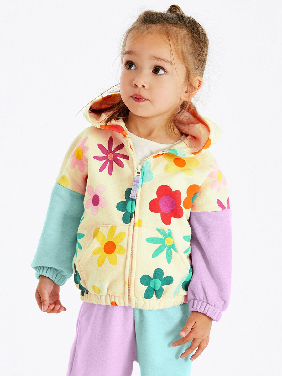 High Quality Spring And Autumn Girls Colorful Flowers Pattern Color Patchwork Long Sleeves Top Hoodie And Pants Clothing Set