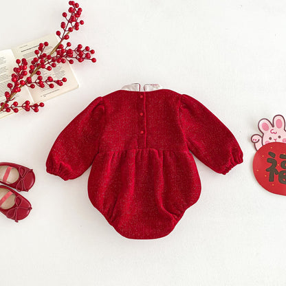 Winter Arrival Baby Girls Cute Floral Print Red Long Sleeves Onesies