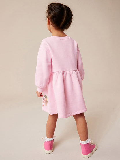 Design Autumn Girls Cartoon Fairy Pattern Crew Neck Long Sleeves Pink Princess Dress