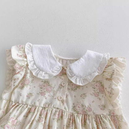 Summer New Arrival Baby Girls Short Sleeves Flowers Pattern Peter Pan Collar Onesies Dress