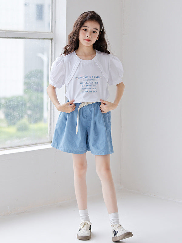 Summer Hot Selling Girls Letters Pattern Short Sleeves T-Shirt And Solid Color Pleated Shorts Clothing Set