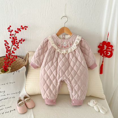 Winter Arrival Baby Girls Simple Rabbit Embroidered Pattern Warm Padded Thick Romper