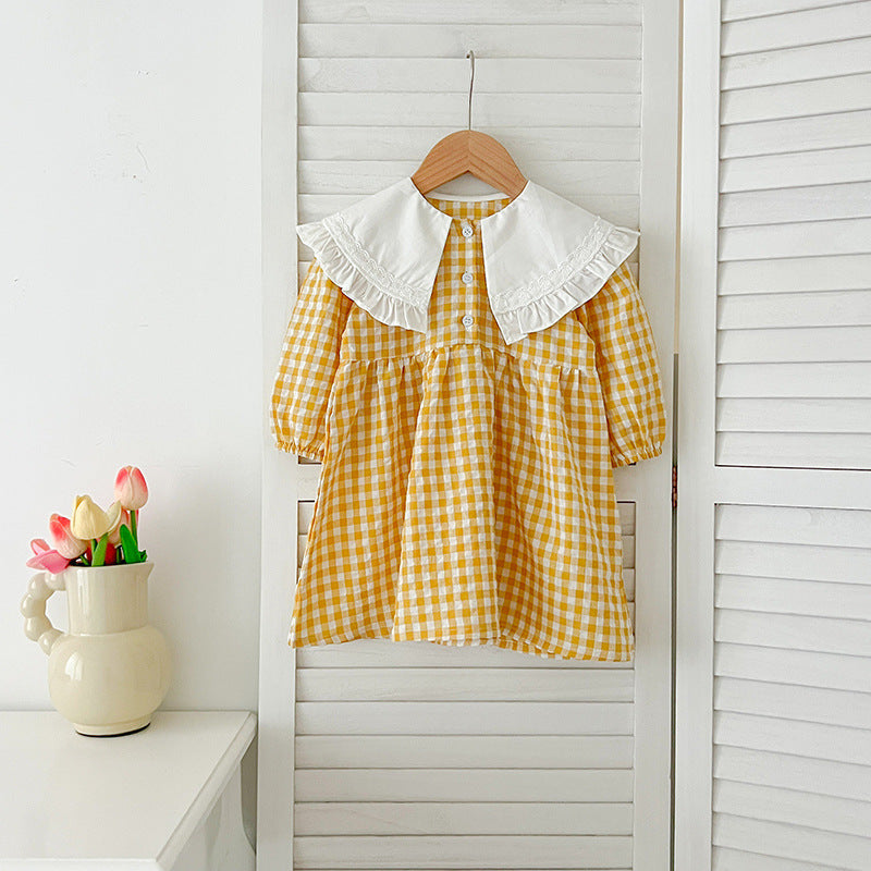 Conjunto de pijama y vestido de cuello francés a cuadros de manga larga para niñas y bebés de otoño – Conjunto a juego de princesa y hermana 