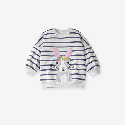 Spring and Autumn Girls Cartoon Rabbit and Striped Pattern Long Sleeves Crew Neck Top Sweatshirt and Pants Clothing Set