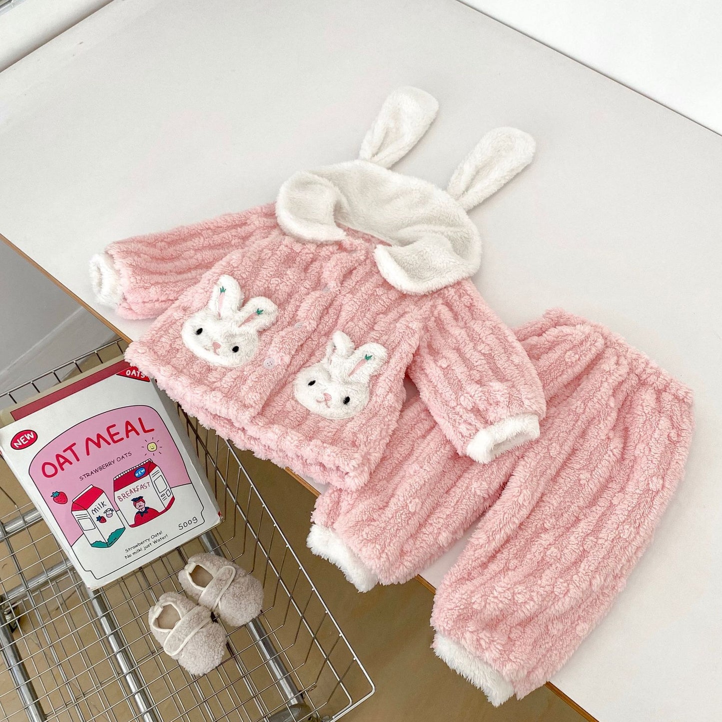 Winter Hot Selling Baby Cute Rabbits Pattern Fleece Thickened Top and Trousers Sets Pajamas