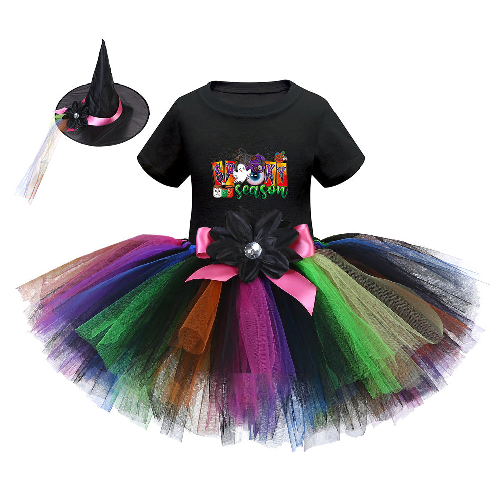 Arrival Girls’ Halloween Costume: Short Sleeves Cartoon Print Witches Cosplay Party Tulle Patchwork Dress with Hat Set