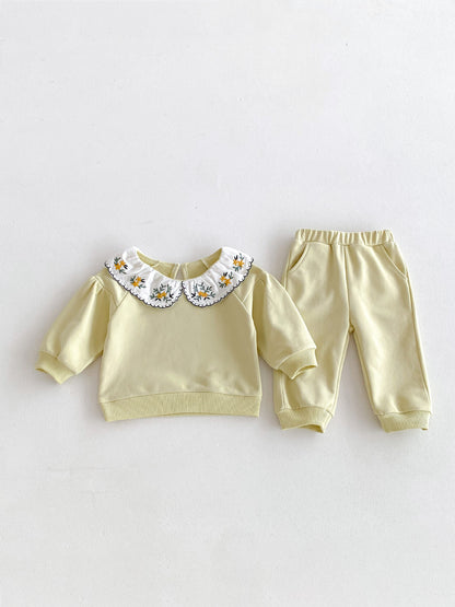 Cute and Versatile Two-Piece Set: Flowers Embroidered Collar Top and Solid Color Pants for Baby Girls and Toddlers