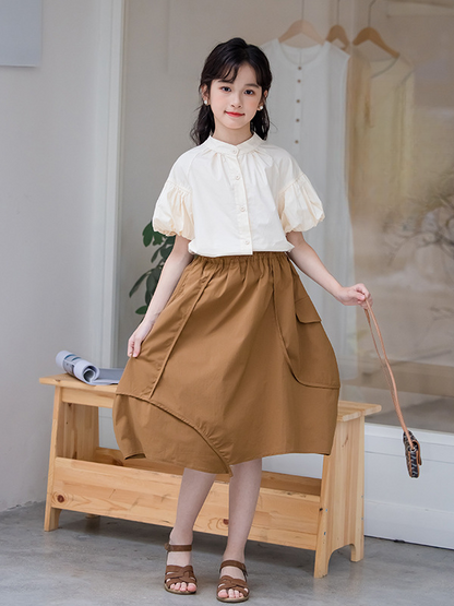 Summer Hot Selling Girls Solid Color Single Breasted Short Sleeves Shirt And Irregular Skirt Clothing Set