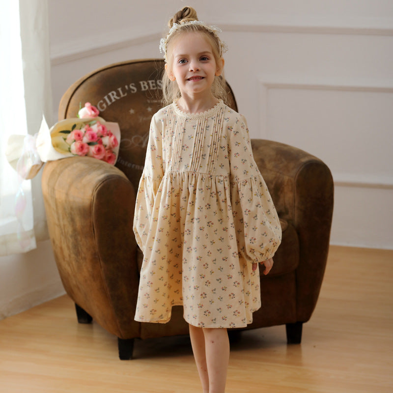 Arrival Autumn Girls Ruffle Neck Long Puff Sleeves Floral Dress