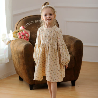 Arrival Autumn Girls Ruffle Neck Long Puff Sleeves Floral Dress