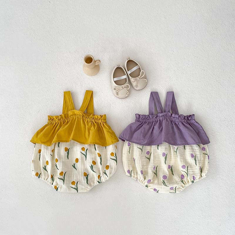 Summer New Arrival Baby Girls Sleeveless Flowers Pattern Color Patchwork Strap Onesie