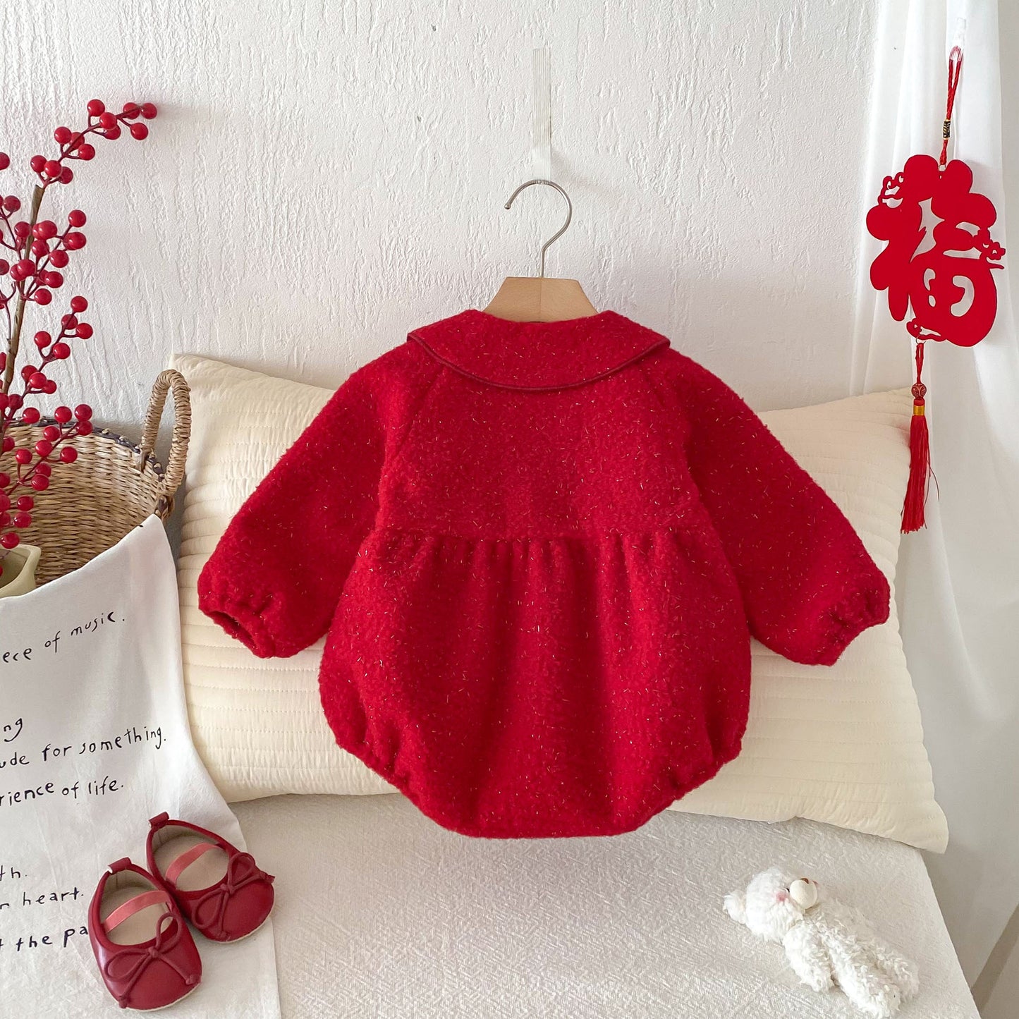 Winter Arrival Baby Girls Cute Cherry Attached Red Long Sleeves Onesies