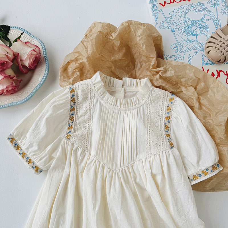 New Arrival Summer Baby Kids Girls Short Sleeves French Style Ruffle Neck Dress