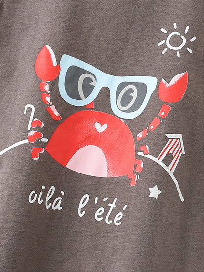 Summer Baby Kids Girls Crab Cartoon Pattern Short Sleeves T-Shirt And Striped Shorts Casual Clothing Set
