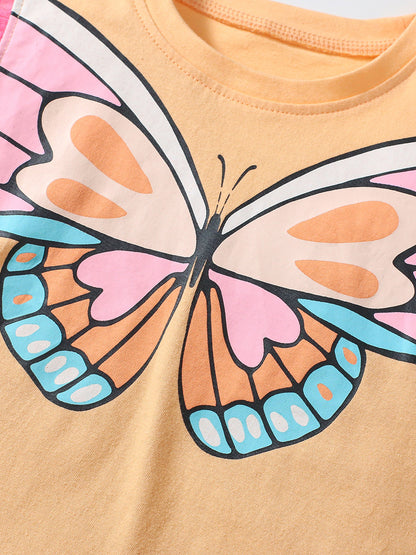 Recién llegado, conjunto de ropa de verano para niñas pequeñas con diseño de mariposa, mangas de encaje y falda plisada 