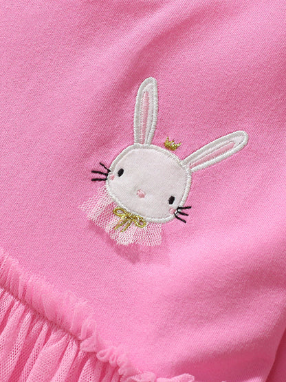 Arrival Autumn Girls Cartoon Rabbit Logo Crew Neck Long Sleeves Pink Tulle Patchwork Princess Dress