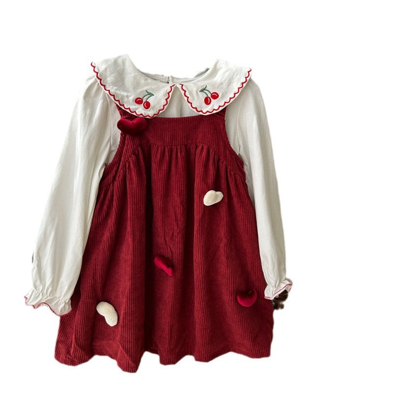 Autumn Girls Cherry Embroidered Long Sleeves Heart Pattern French Corduroy Dress