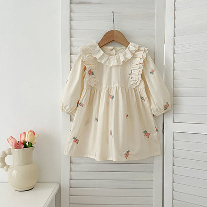 Conjunto de otoño para niñas y bebés, mono y vestido con cuello francés y estampado floral bordado de manga larga – Conjunto a juego para princesas y hermanas 