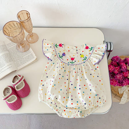 New Arrival Summer Baby Girls Colorful Dots Fly Sleeves Floral Embroidery Onesies