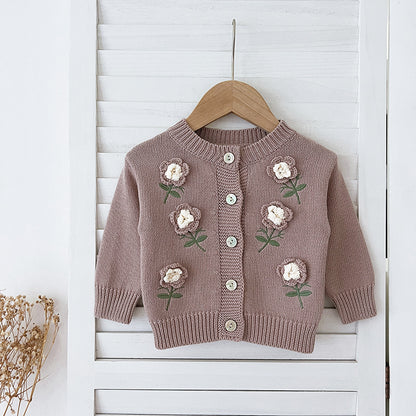 Arrival Baby Girls Comfortable Flowers Embroidery Pattern Knitted Long Sleeves Cardigan