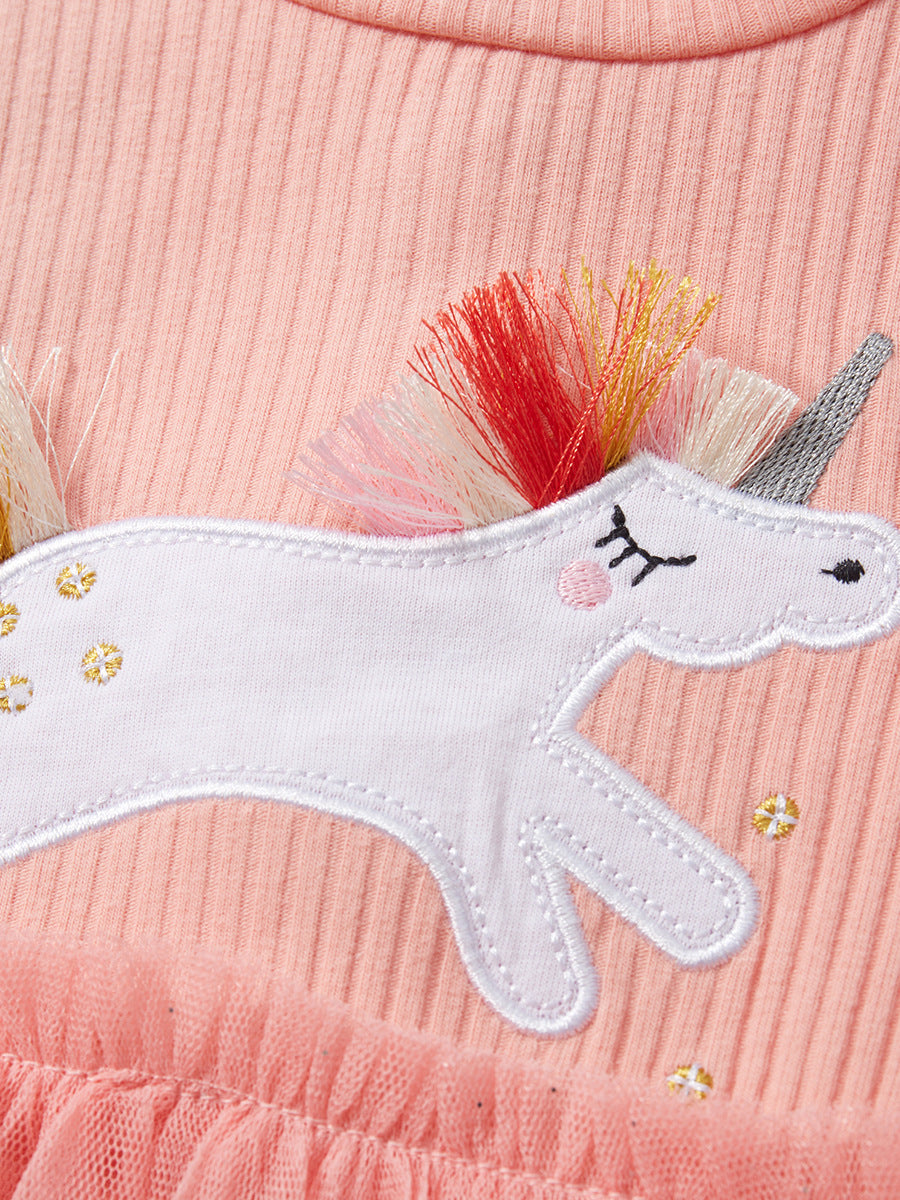 Spring And Summer Baby Girls Short Sleeves Unicorn Cartoon Chiffon Dress