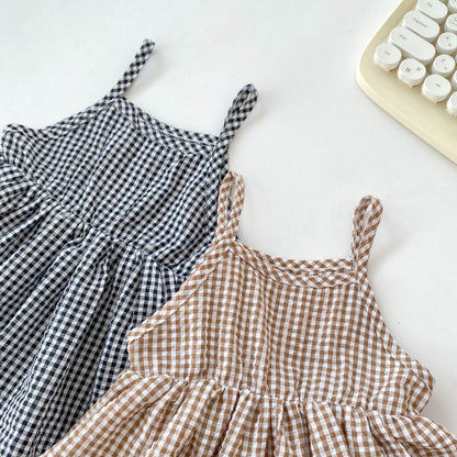 Vestido mono sin mangas con tirantes y cuadros para niñas recién nacidas de verano 