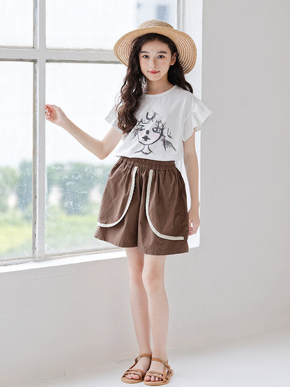 Summer Hot Selling Girls Cartoon Print Short Sleeves T-Shirt And Patchwork Style Shorts Clothing Set