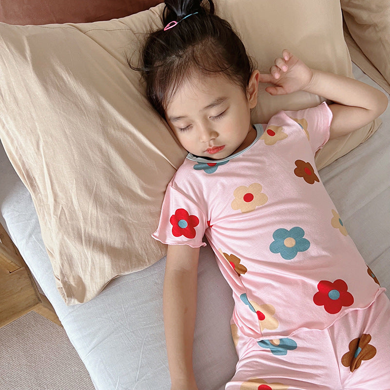 Summer Baby Kids Girls Flowers Pattern Short Sleeves T-Shirt And Shorts Casual Home Clothing Set