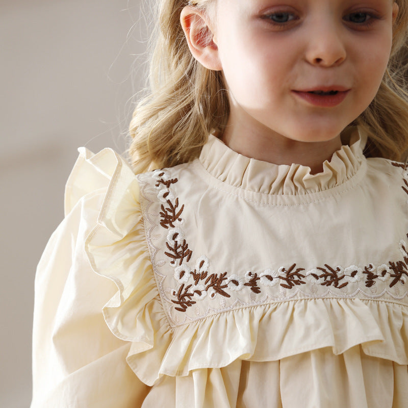 Vestido con volantes estilo francés bordado con patrón de vides para niñas de otoño 