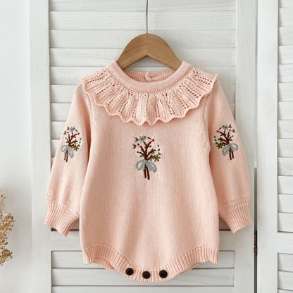 Autumn New Design Baby Girls Flowers Embroidery Pattern Long Sleeves Ruffle Collar Knitted Onesies