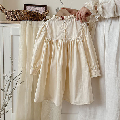 Vestido de manga larga con cuello con volantes y estampado de flores y lazo de mariposa para niñas de estilo francés de otoño 