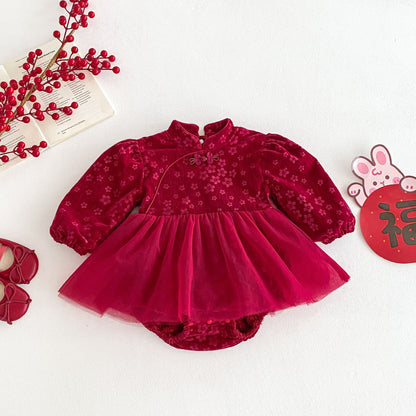 Winter Arrival Baby Girls Cute Floral Embroidered Red Long Sleeves Tulle Onesies