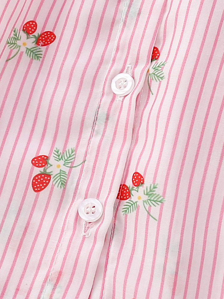 Summer New Arrival Girls’ Strawberry Pattern Striped Single Breasted Short Sleeves Round Neck Dress